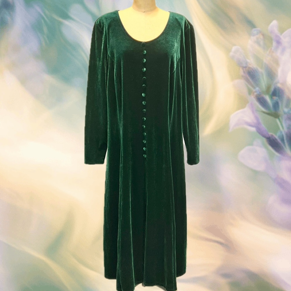 VINTAGE emerald velvet maxi dress button front long‎ sleeve scoop neck 90s
